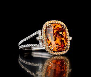 Mandarin garnet with white diamond and white gold band